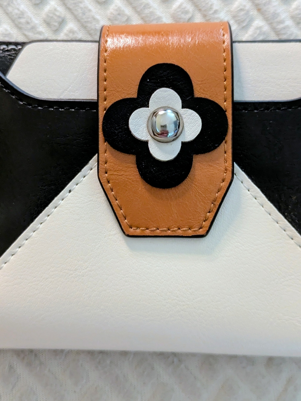 Trifold Wallet with Floral Snap Accent - White, Black & Tan
